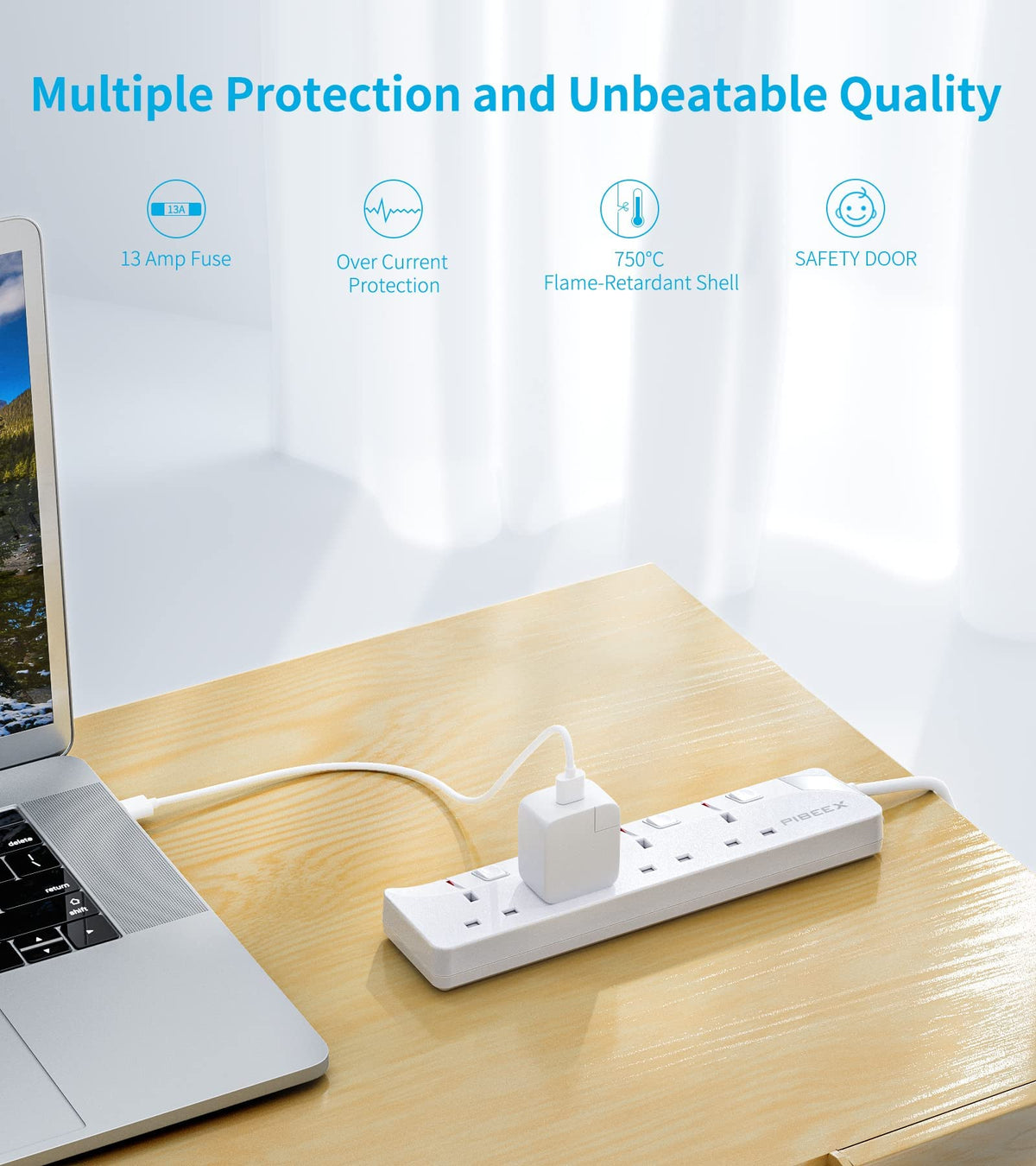 PIBEEX Extension Lead 2 Way Plug Sockets with Individual Switches Wall Mountable Power Strip 3M Extension Cable 13A Fused UK Plug 3250W