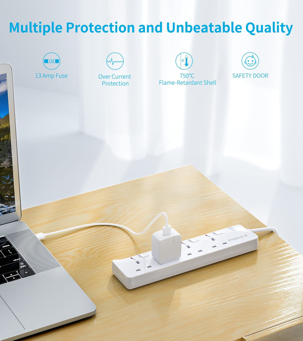 PIBEEX Extension Lead 2 Way Plug Sockets with Individual Switches Wall Mountable Power Strip 3M Extension Cable 13A Fused UK Plug 3250W