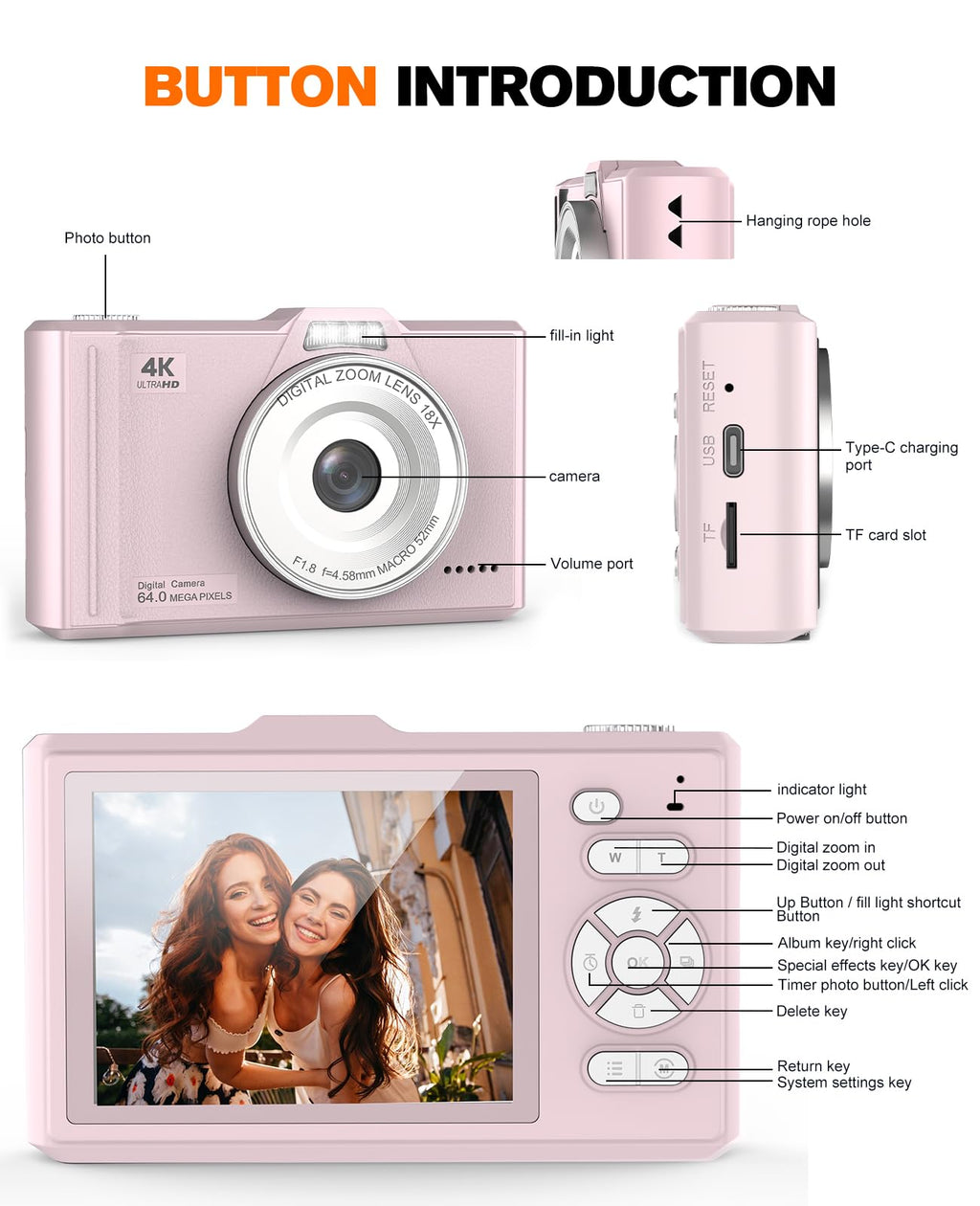Digital Camera 4K 64MP Portable Vlogging Camera with 32GB SD Card