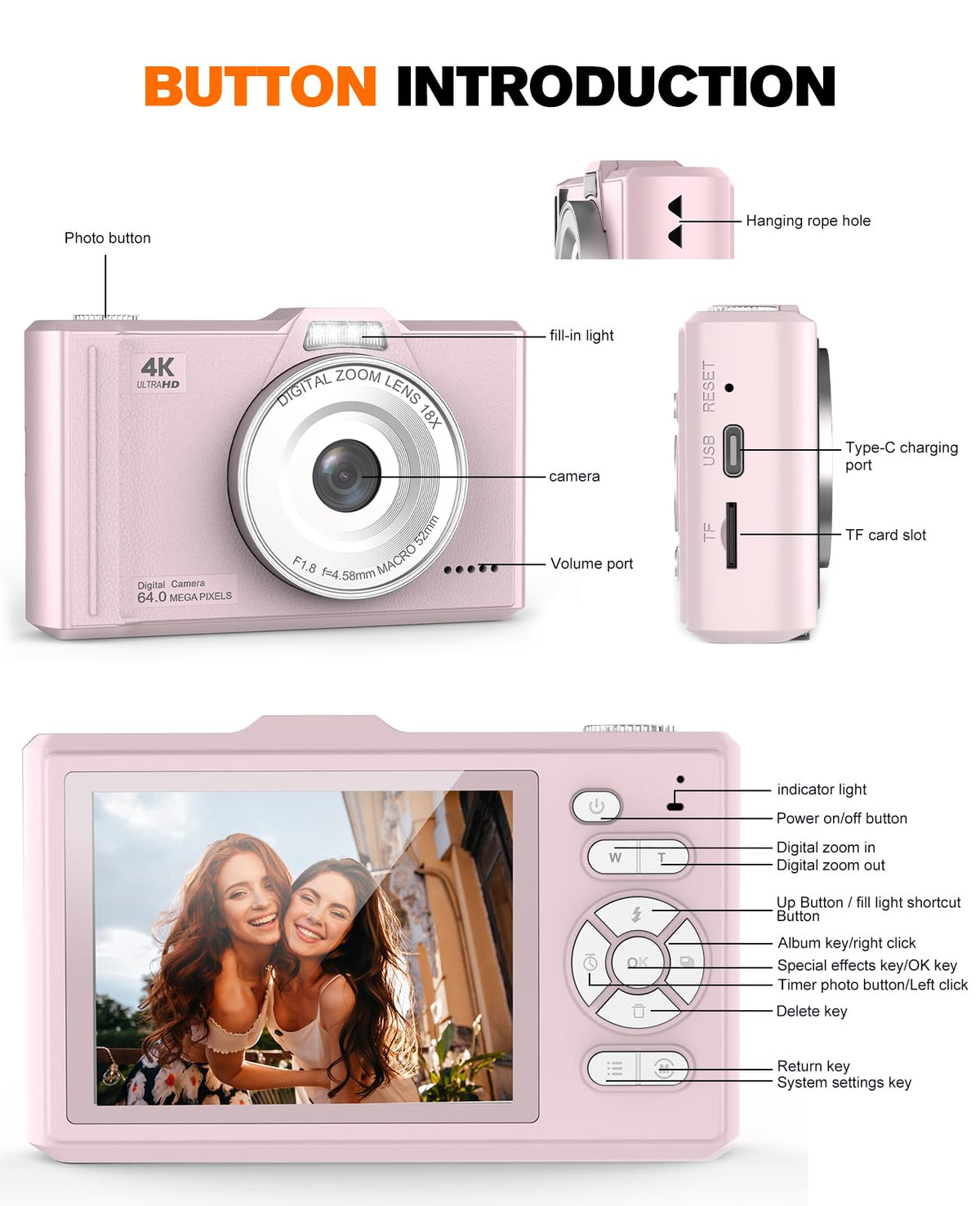 Digital Camera 4K 64MP Portable Vlogging Camera with 32GB SD Card