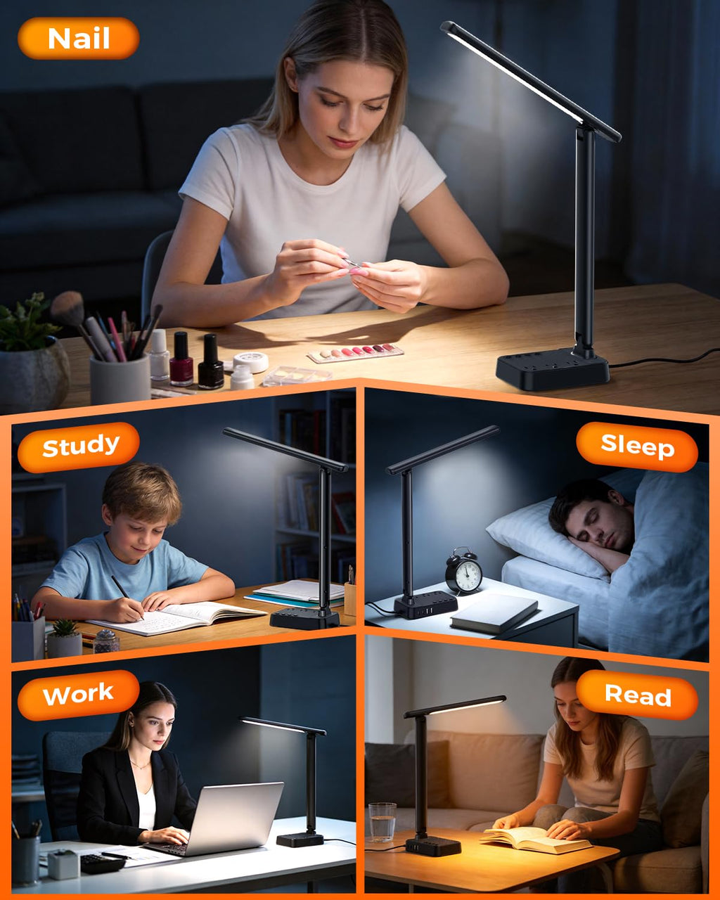 Airlonv LED Desk Lamp with Clamp, 17" Stepless Dimming Light, Black