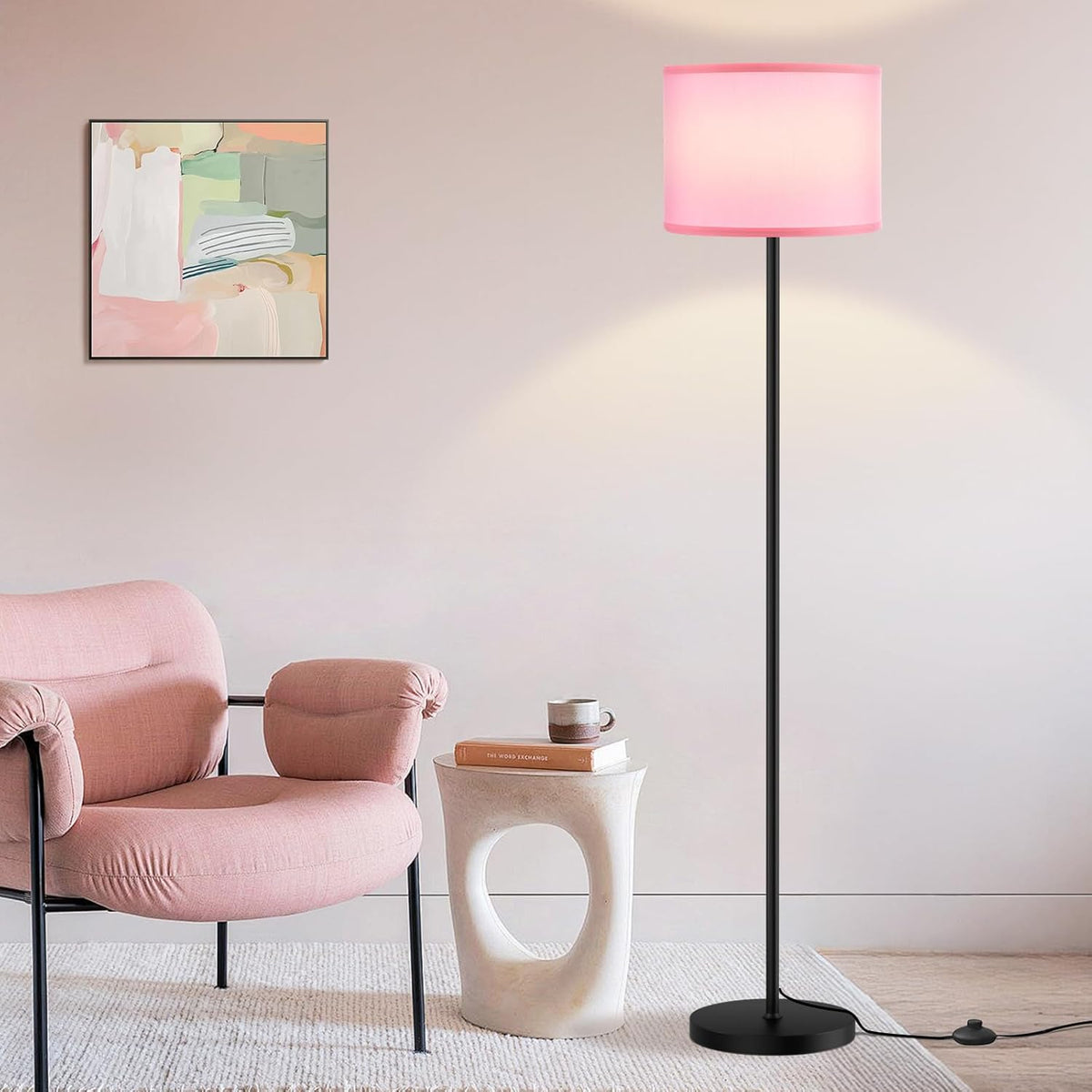 Ambimall Floor Lamp for Living Room with Smart Light Bulb, RGB + Stepless Dimmable Colors Temperature & Brightness(White Shade & Black Pole)