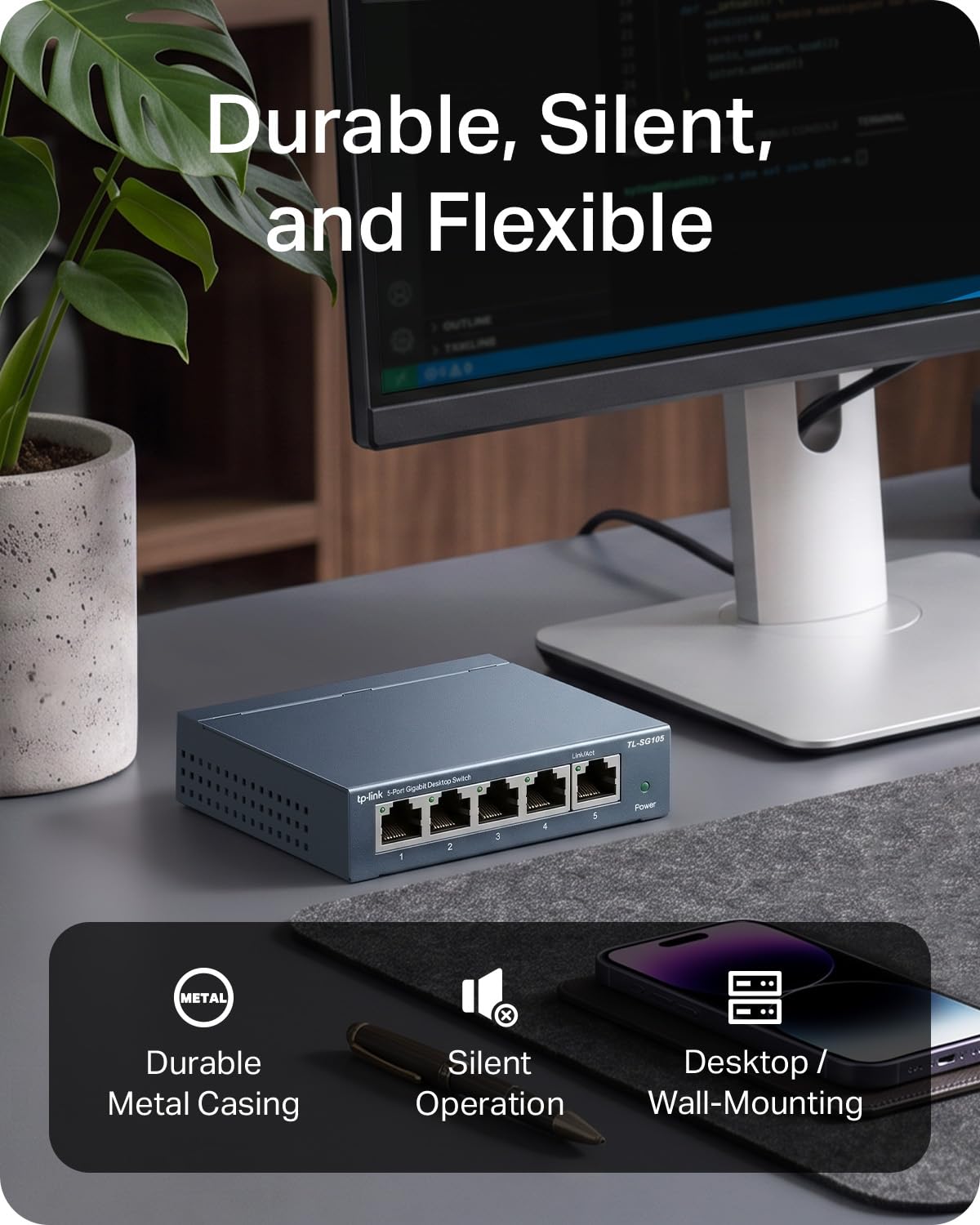 TP-Link TL-SG105S 5-Port Gigabit Network Switch, Metal Ethernet Splitter