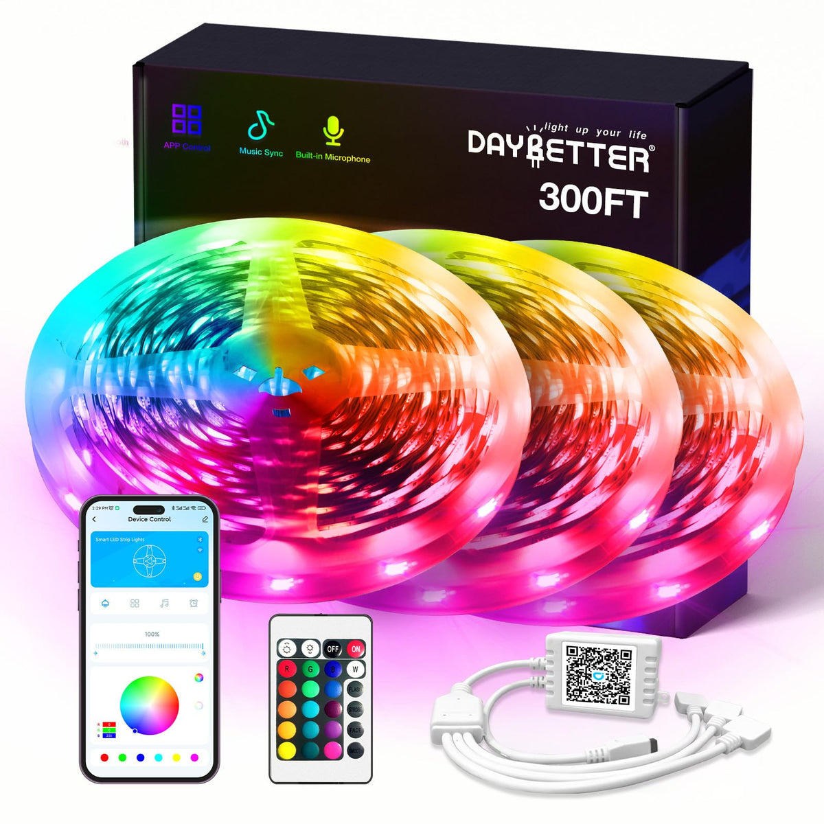 DAYBETTER LED Strip Lights 110ft RGB Music Sync Smart App Control 1 Roll