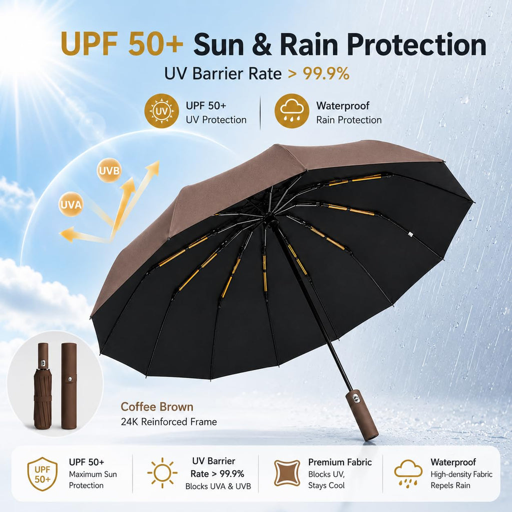 24K Strongest Windproof Travel Compact Umbrella Sturdy Frame Automatic Umbrella for Women & Men