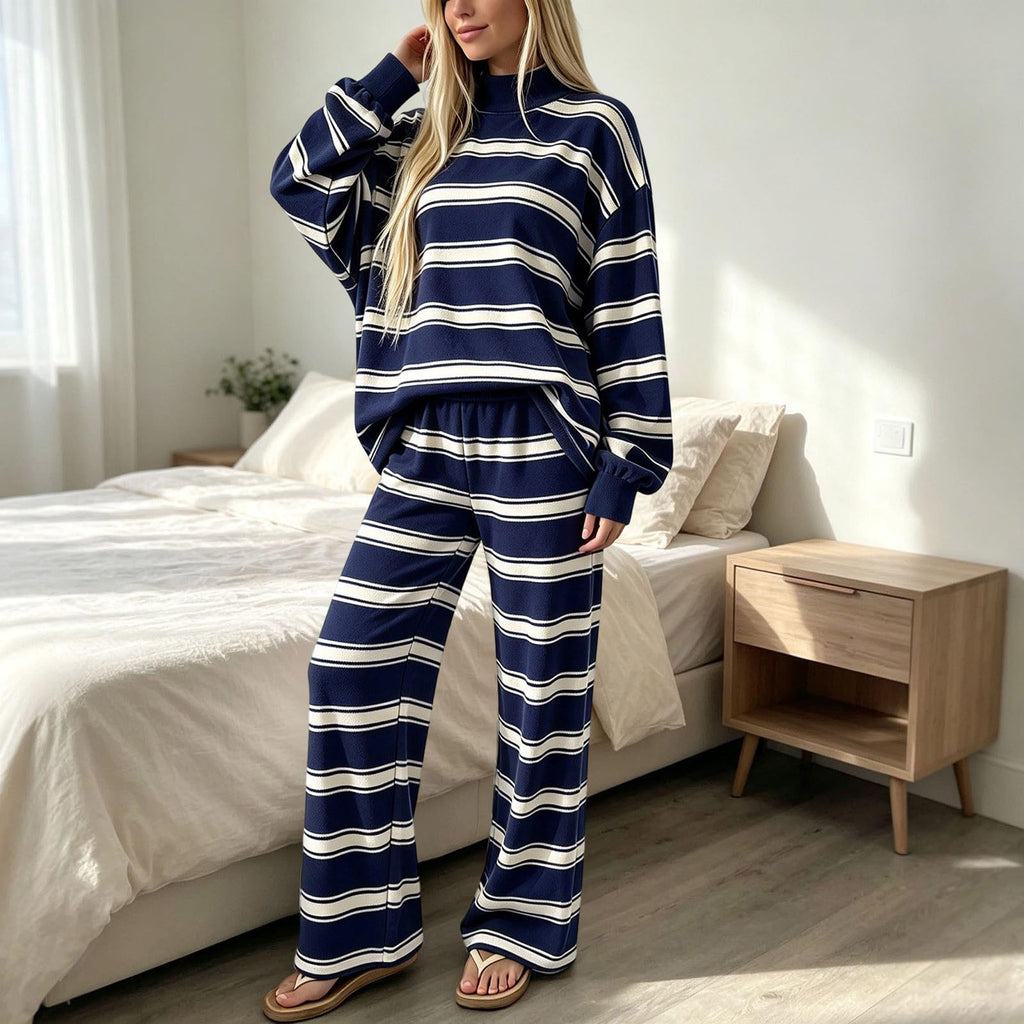 Striped Lounge Wear Sets for Women UK 2 Piece Outfits Loungewear Travel Matching Pyjamas Sets Mock Neck Oversized Knitted Jumper Long Sleeve Top and Wide Leg Pants Fall Winter