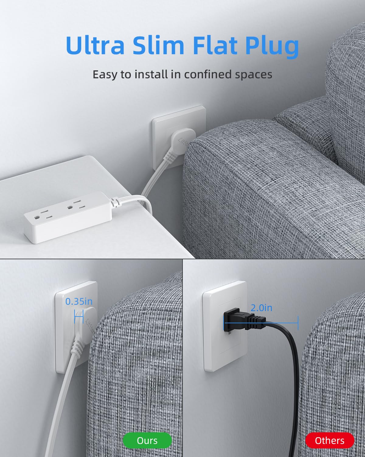 Flat Plug Extension Cord with 3 Outlets - 1Ft Low Profile Indoor 3 Prong Grounded Power Strip for Home Office & Travel - 16 AWG 13A/1625W, Black