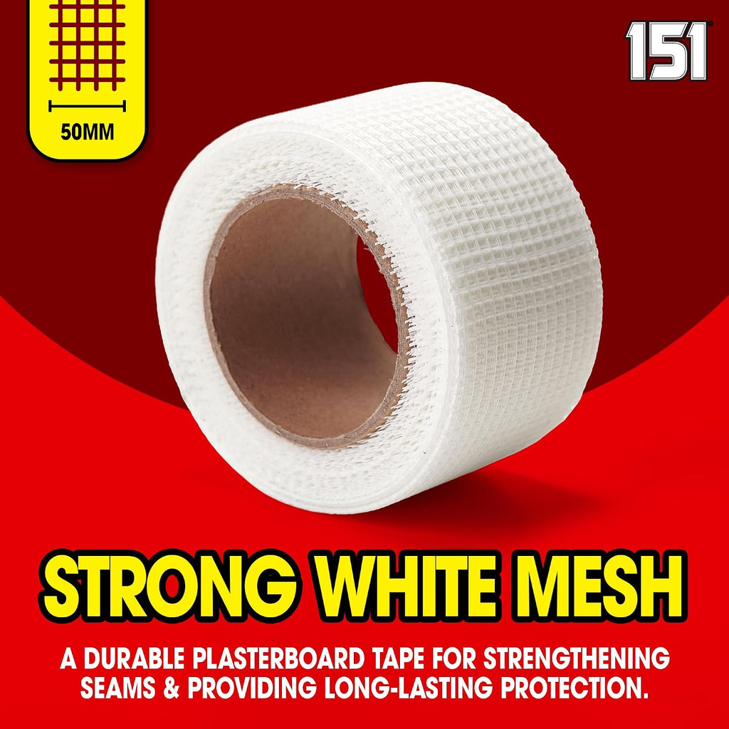 Gorilla Filler Plasterboard & Drywall Mesh Tape | Fills Cracks - Easy to Apply (Self Adhesive) | 50mm x 50m (White, 50m)