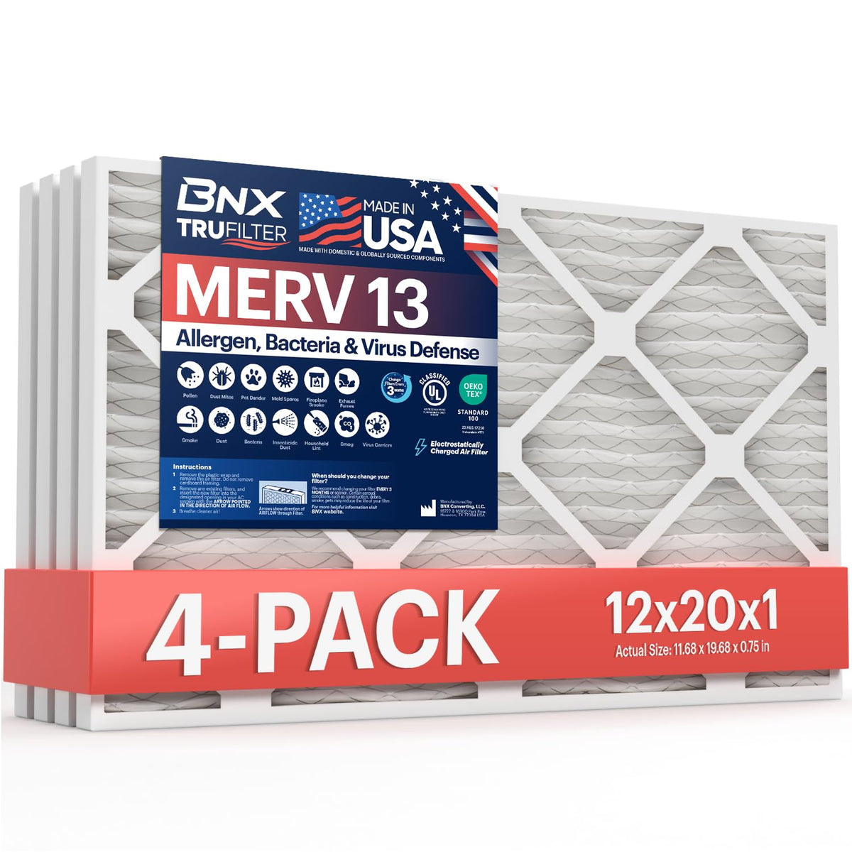 BNX TruFilter 20x20x1 Air Filter MERV 13 Smoke, Allergy, Pet Defense 6-Pack