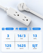 Flat Plug Extension Cord with 3 Outlets - 1Ft Low Profile Indoor 3 Prong Grounded Power Strip for Home Office & Travel - 16 AWG 13A/1625W, Black
