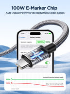 USB-C to C 1M 100W PD3.0 Fast Charging Cable - Compatible with MacBook Pro, iPad Air, iPhone 15, Samsung S23/S22/S21 Ultra, Pixel 7/6, Switch, PS5