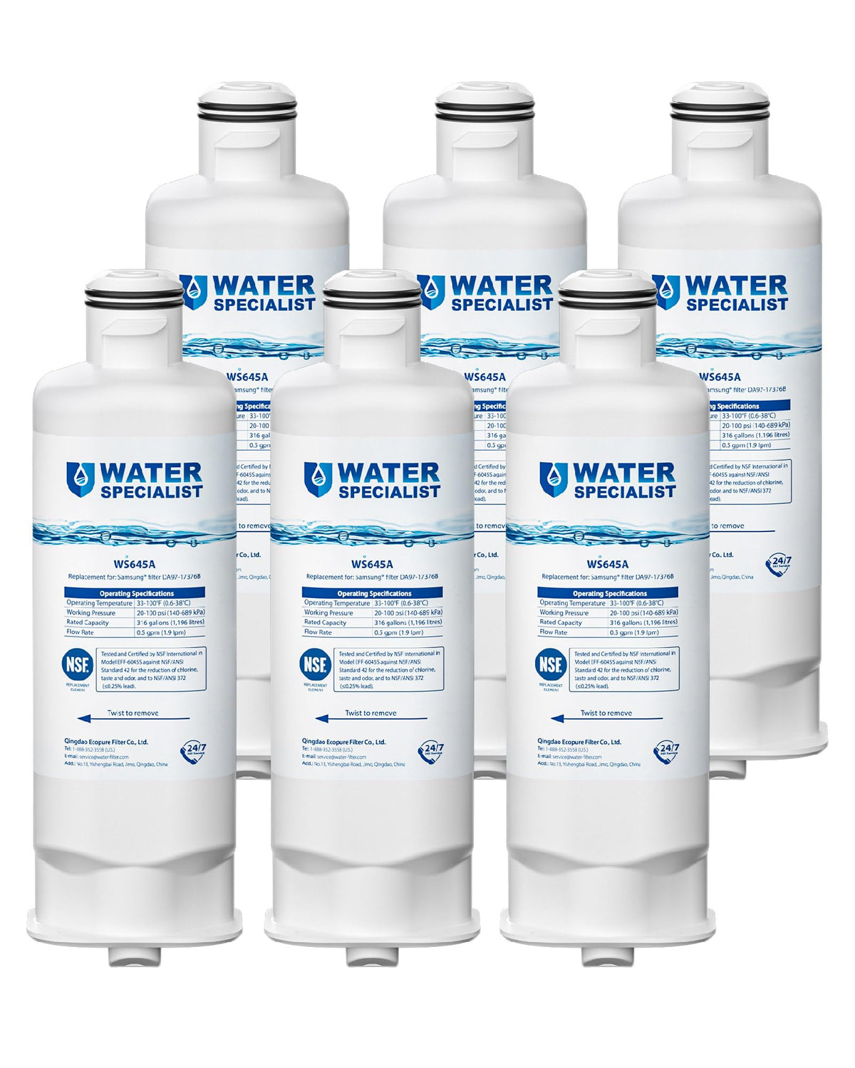 Waterspecialist WS645A Refrigerator Water Filter, Replacement for Samsung® DA97-17376B, HAF-QIN/EXP, HAF-QIN, RF28T5001SR, DA97-08006C, RS27T5200SR, RF28R7351SG, RF24R7201SR, RF27T5201SR, 3 Pack