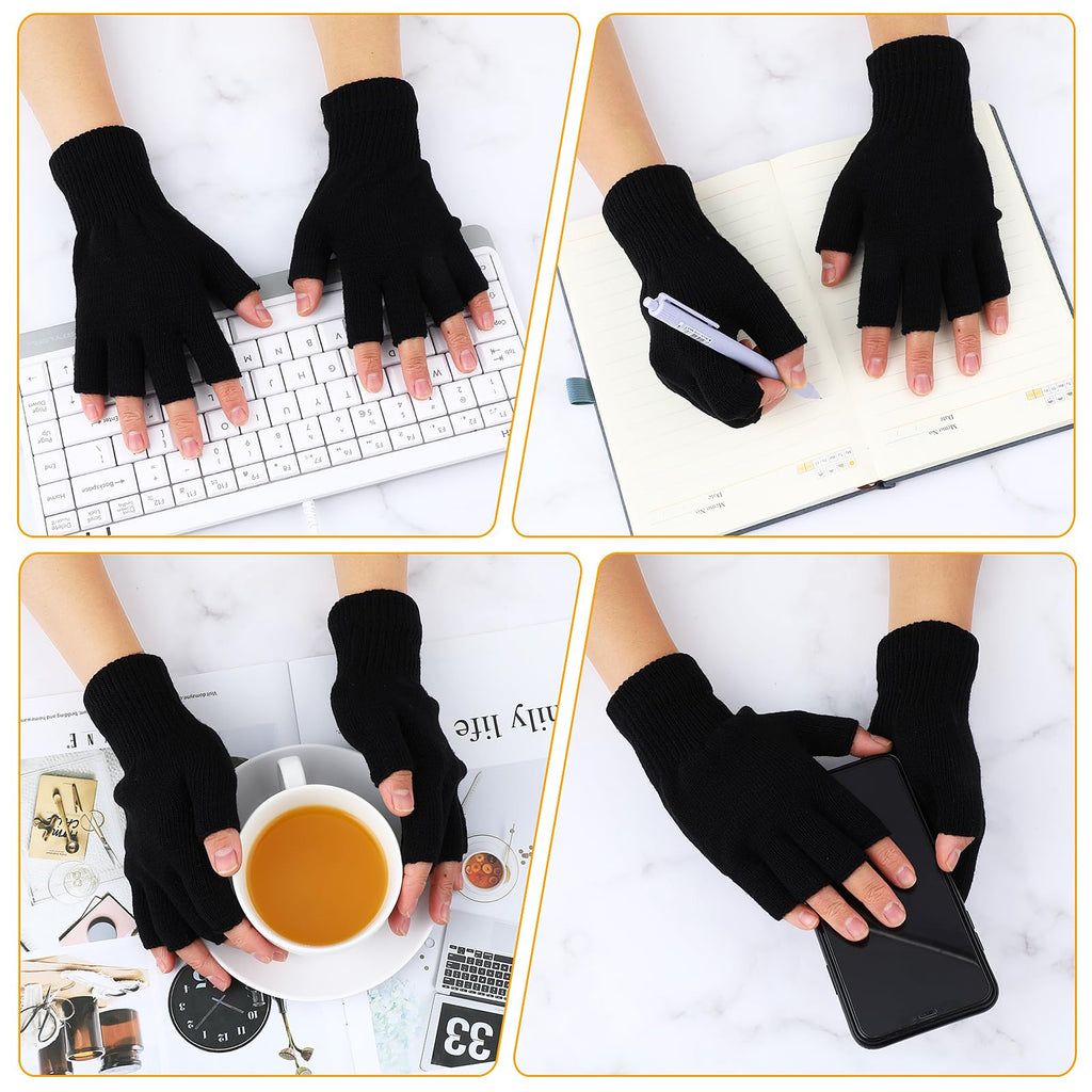 Grevosea 2 Pair Fingerless Warm Gloves - Winter Half Finger Gloves Thickened Knit Touchscreen Stretchy Mittens for Men Women