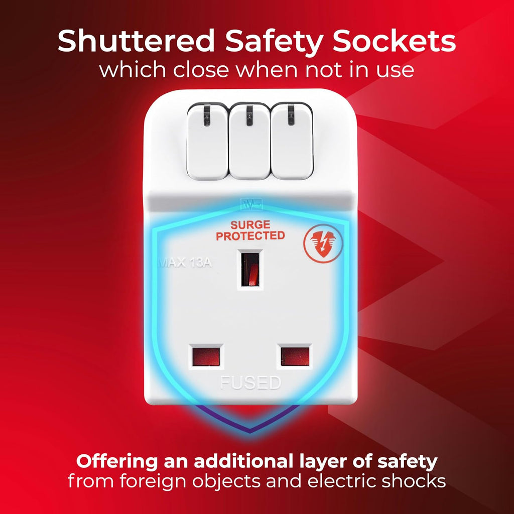Masterplug Three Socket Surge Protected Adaptor with Individual Switches, white