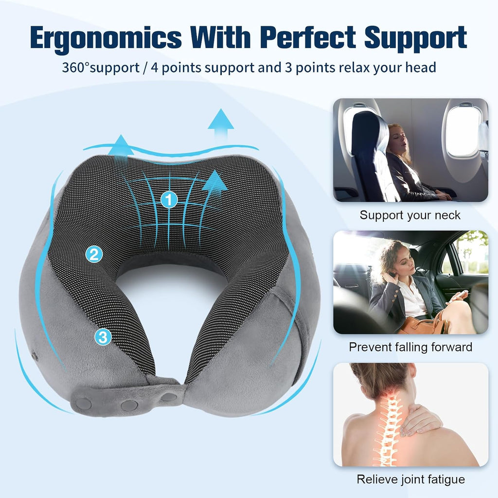 Cirorld Travel Pillow for Airplane, Neck Pillow for Travel, Memory Foam Travel Neck Pillow for Adults, Adjustable & Compact Flight Pillow, Ergonomic Neck Cushion, With Ear Plugs, Eye Mask, Carry Bag