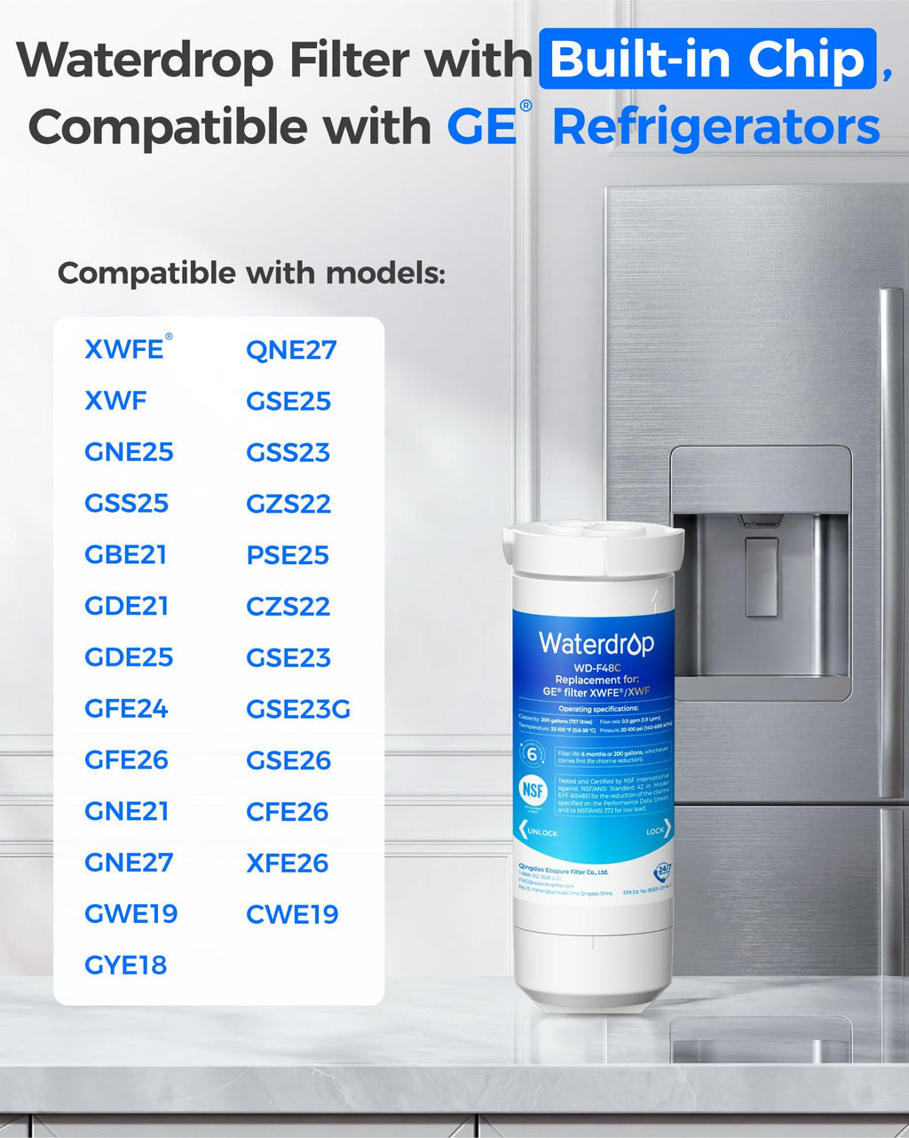 Waterdrop Plus Water Filter Replacement for GE® XWFE®, Built-in Chip 3 Pack