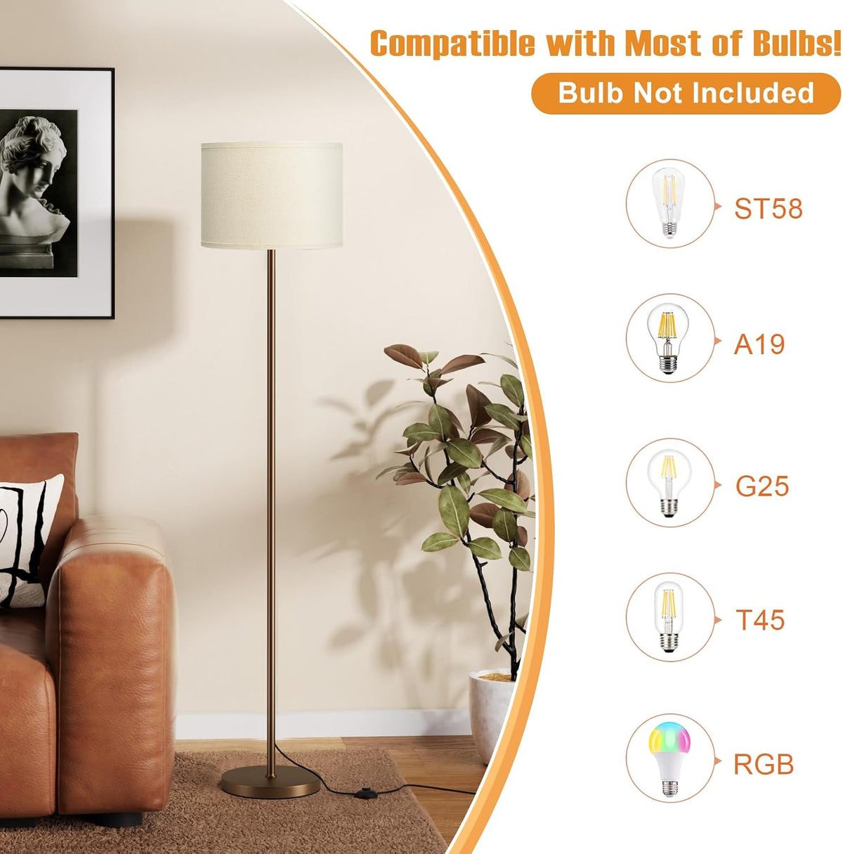 Ambimall Floor Lamp for Living Room with Smart Light Bulb, RGB + Stepless Dimmable Colors Temperature & Brightness(White Shade & Black Pole)
