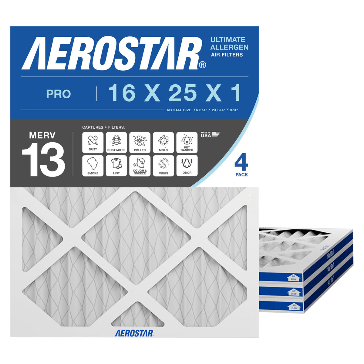 Aerostar Air Filter 16x25x1 MERV 8 AC Filter, HVAC, Furnace Filter, 6 Pack