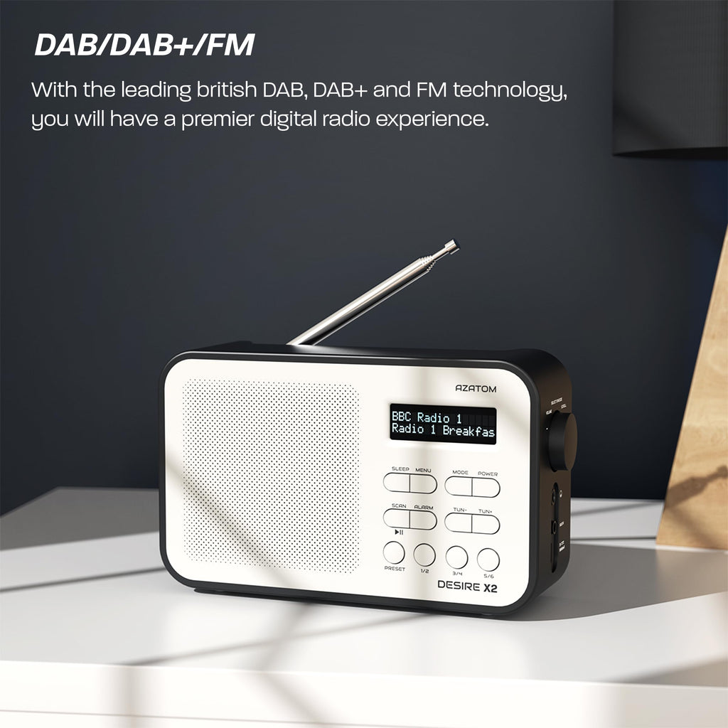 DAB/DAB+ & FM Portable Digital Radio | Simple Controls | Dual Alarms & Sleep Timer | Battery & Mains Powered (4x”AA”) | Bluetooth | Perfect for Home, Office or Outdoors | AZATOM Desire X2 (Oak)