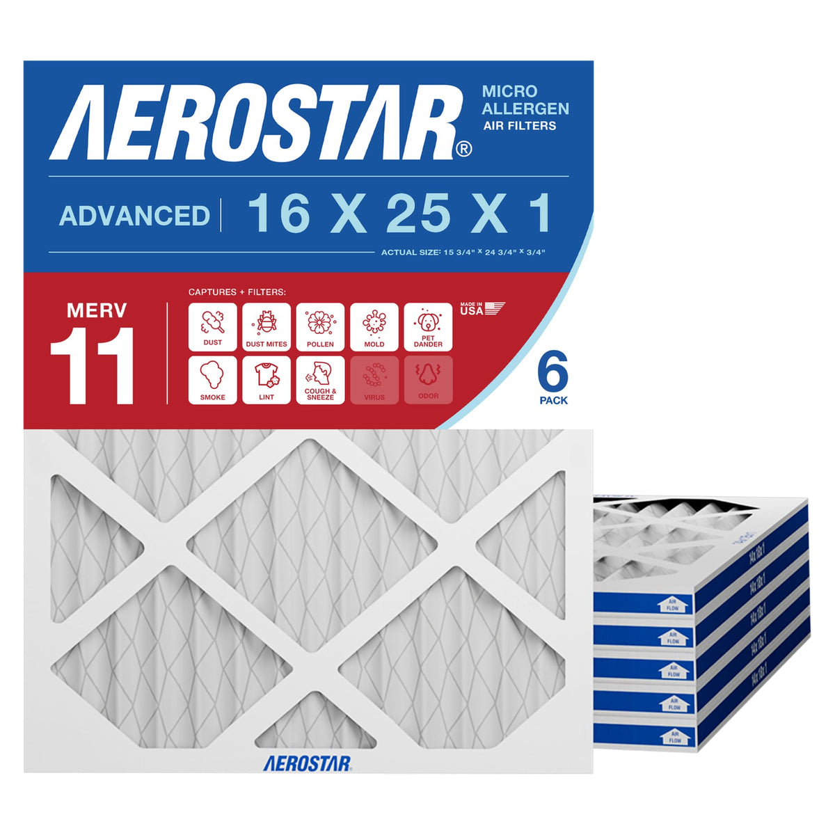 Aerostar Air Filter 16x25x1 MERV 8 AC Filter, HVAC, Furnace Filter, 6 Pack