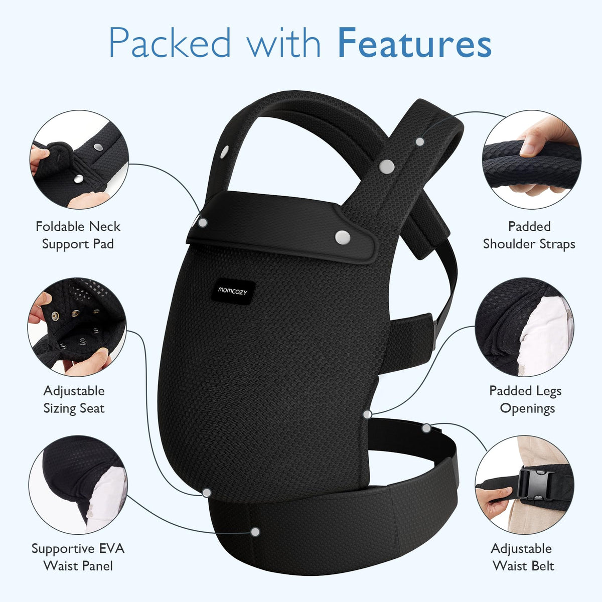 Momcozy Baby Carrier for 3-24M/3.2-20kg, Waist 64-127cm, Cotton Black