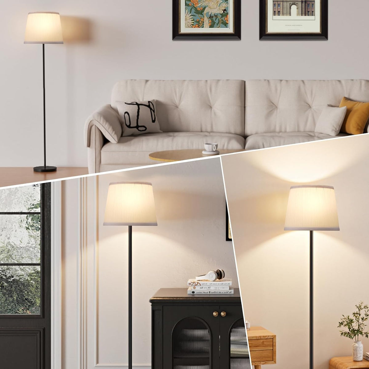 Ambimall Floor Lamp for Living Room with Smart Light Bulb, RGB + Stepless Dimmable Colors Temperature & Brightness(White Shade & Black Pole)