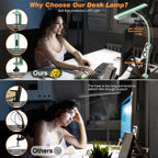 Airlonv LED Desk Lamp with Clamp, 17" Stepless Dimming Light, Black