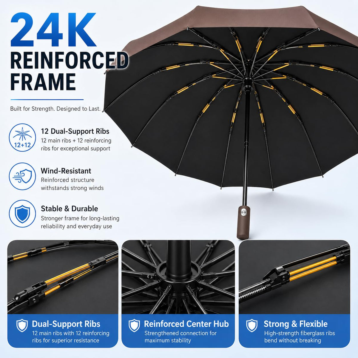 24K Strongest Windproof Travel Compact Umbrella Sturdy Frame Automatic Umbrella for Women & Men