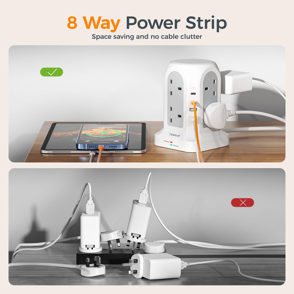 TESSAN 8 Way Tower Extension Lead 2M with 4 USB Slots (2 USB C)