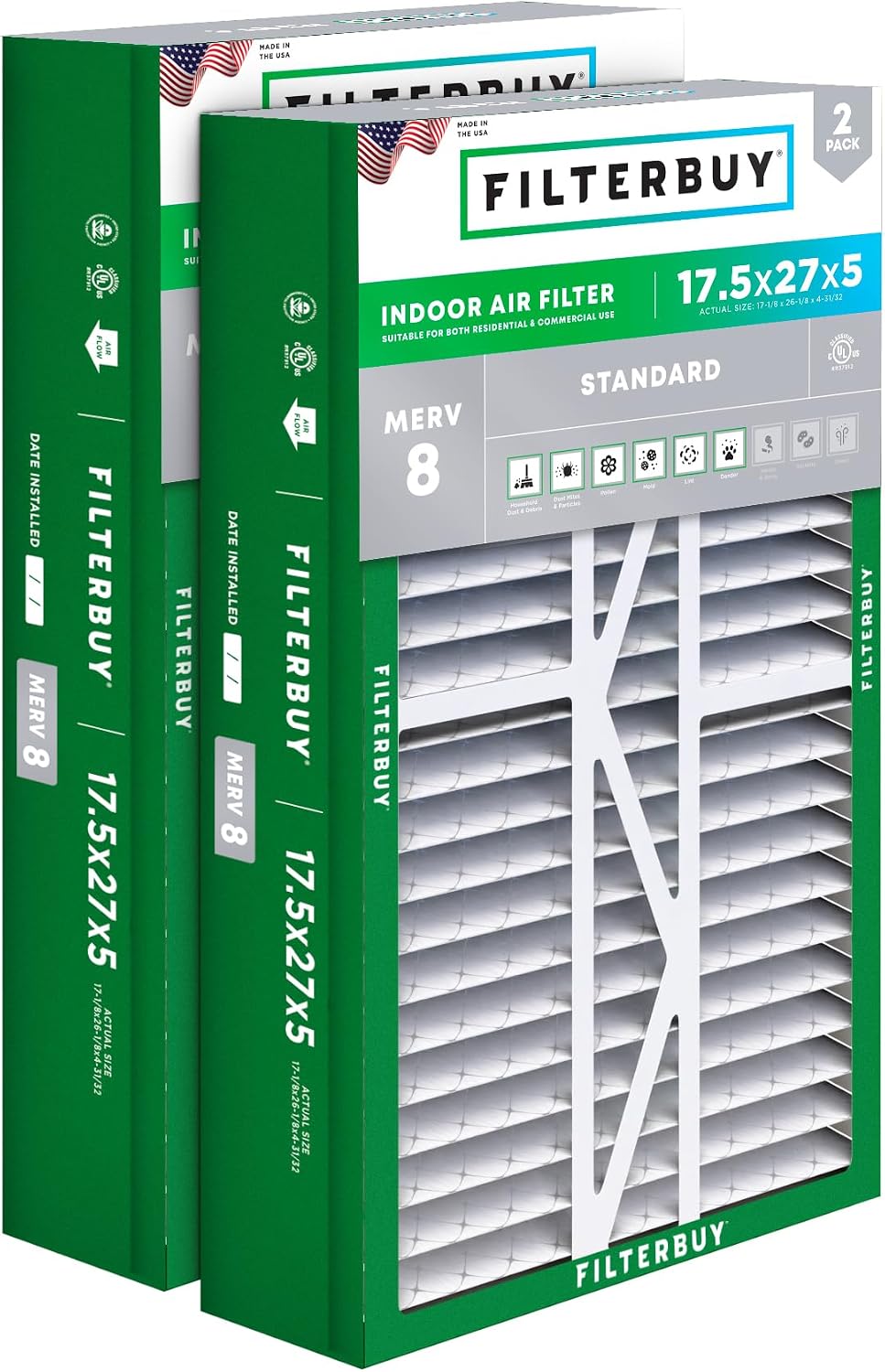 Filterbuy 22x24x5 Air Filter MERV 8 Dust & Allergy Defense (2-Pack)