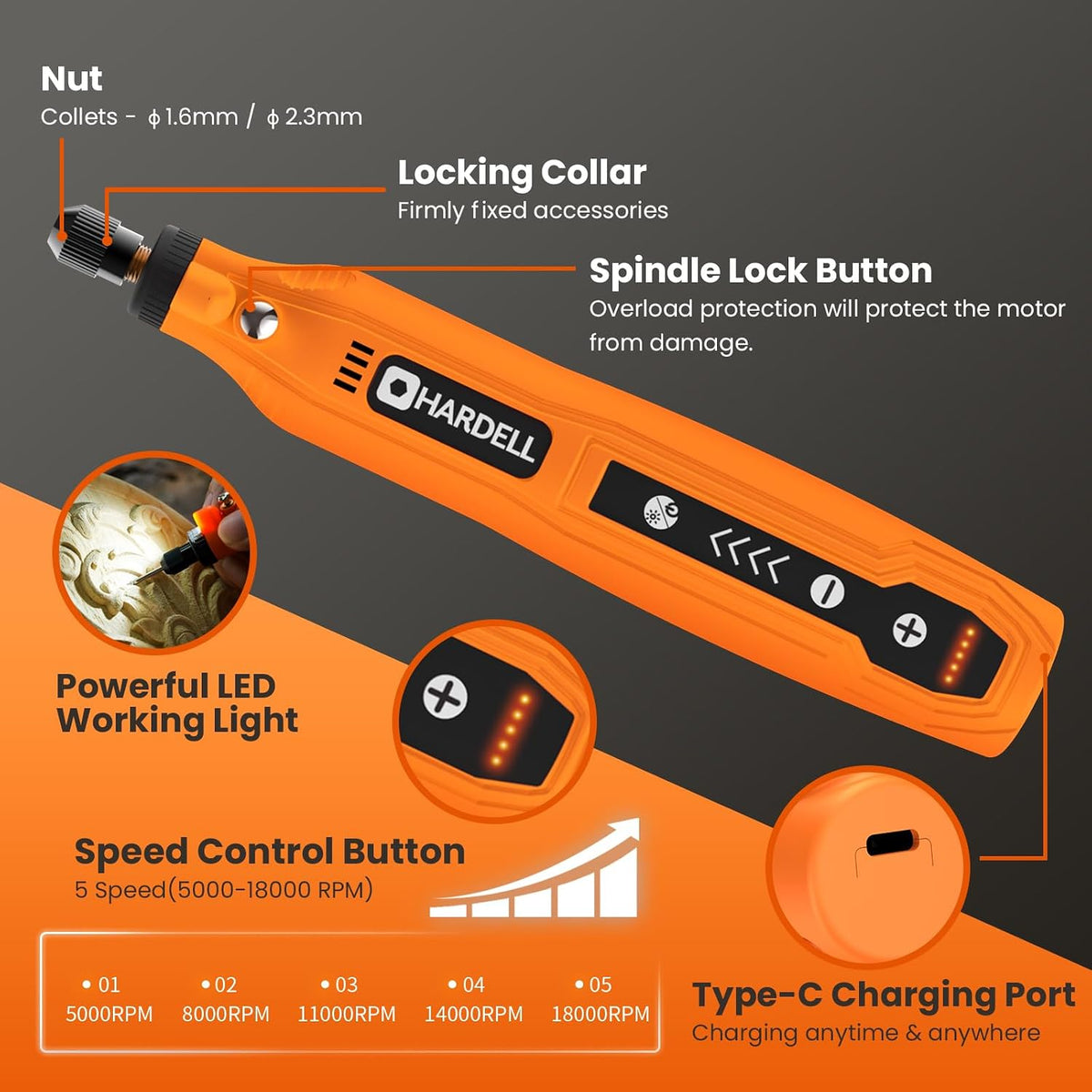 HARDELL Mini Cordless Rotary Tool, 5-Speed 69pcs Kit for 3D Printer Sanding