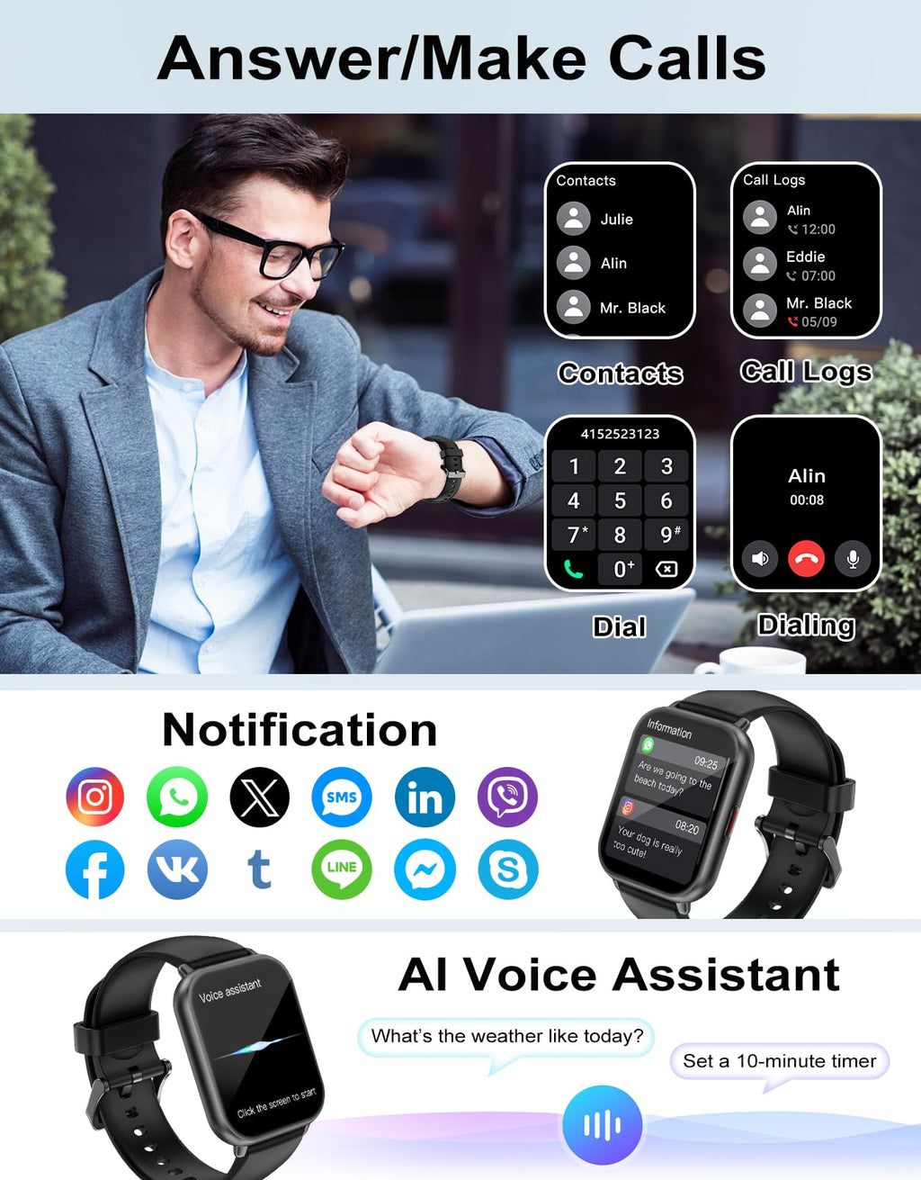 RUIMEN Smart Watch Answer Dial Call,Smart Watches for Women Men 1.85" HD Screen Fitness watch with SpO2 Heart Rate Sleep Monitor Step Counter Waterproof 100+ Sports Mode for Android iOS (2 Bands)