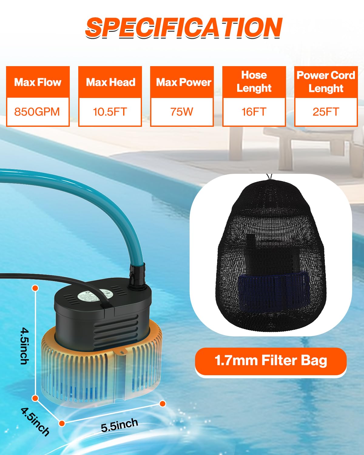 AgiiMan 850GPH Pool Cover Pump, Submersible Sump Pump above Ground