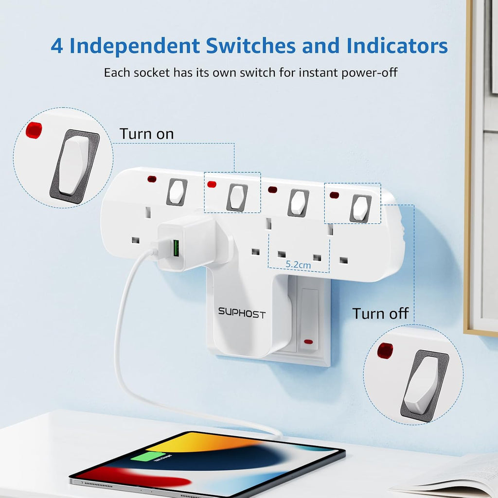Plug Extension Socket, 4 Way Plug Adapter with 180 Degree Rotating UK Plug, 13A Fused Multi Plug Adaptor with 4 Independent Switches, Wall Socket Extension for Home Office Kitchen