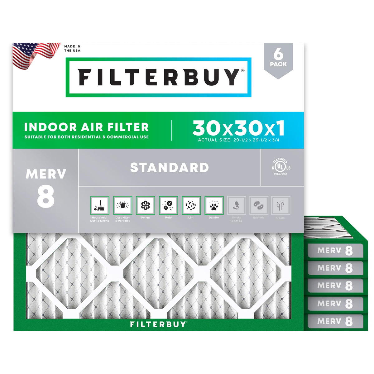 Filterbuy 30x32x1 Air Filter MERV 8 Dust & Allergy Defense (6-Pack)