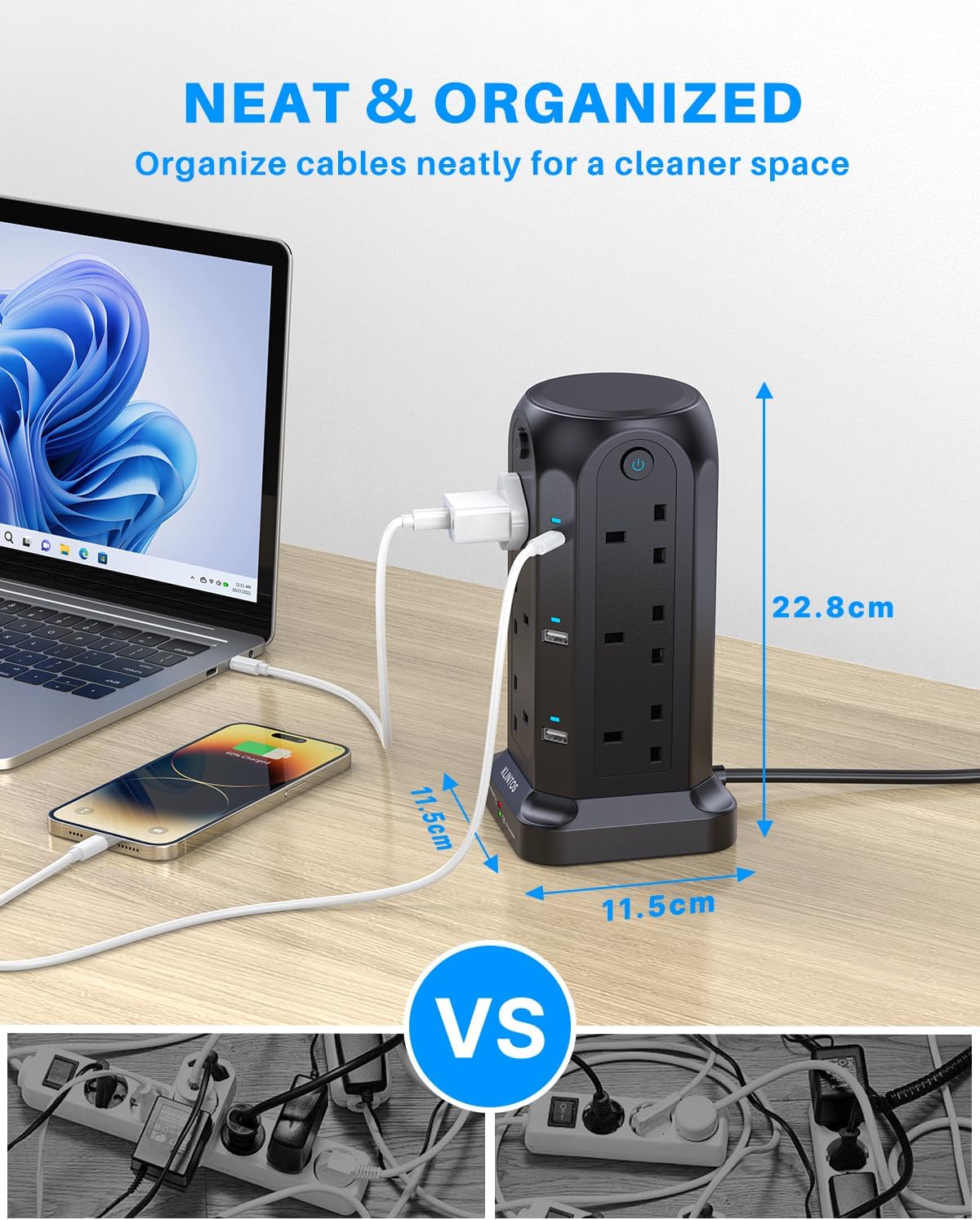 Tower Extension Lead 2M, 12 Way, 6 USB, 4 Independent Switches