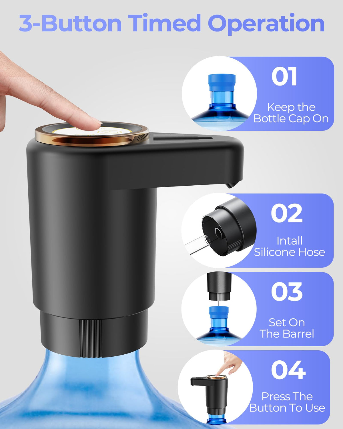 Water Jug Pump for 5 Gallon Bottle – Portable Electric USB-C Charging Dispenser, Dual Powerful Motors, Fast Flow, Fits 2-5 Gallon Jugs – Ideal for Home, Office, Camping, RV, Beige