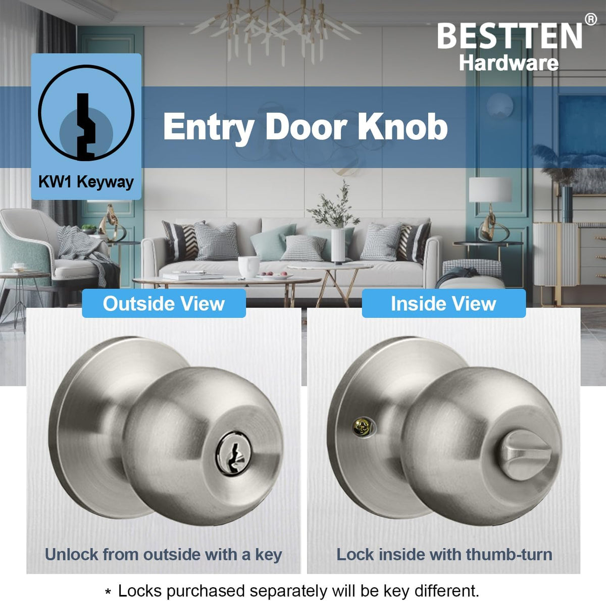 BESTTEN Keyed Entry Door Knob with Lock, Heavy Duty Interior and Exterior Door Lock, Standard Ball, Satin Nickel