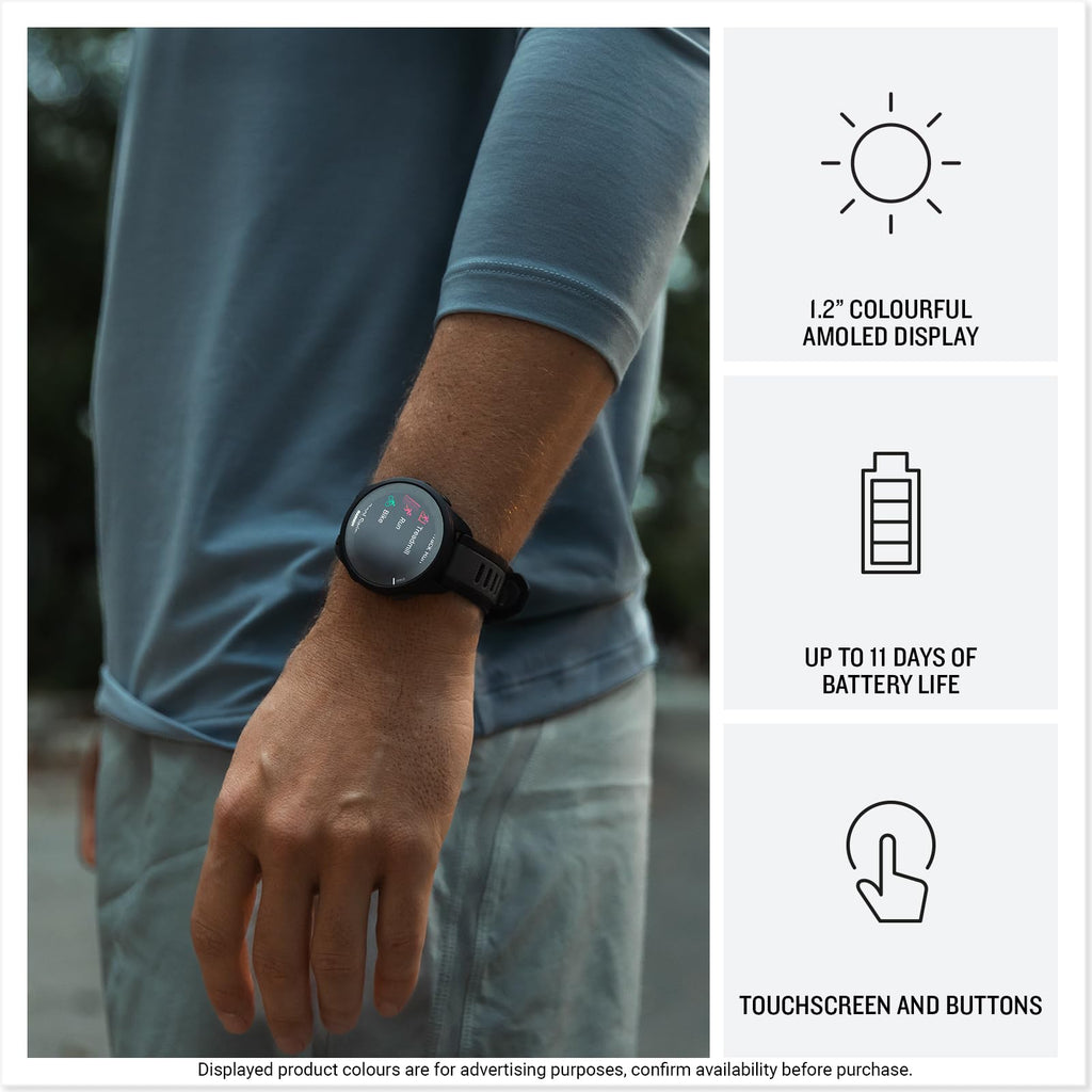 Garmin Forerunner 165, 43mm GPS running smartwatch, lightweight, AMOLED touchscreen, advanced training, insights & features, safety & tracking features, up to 11 days battery life, Black
