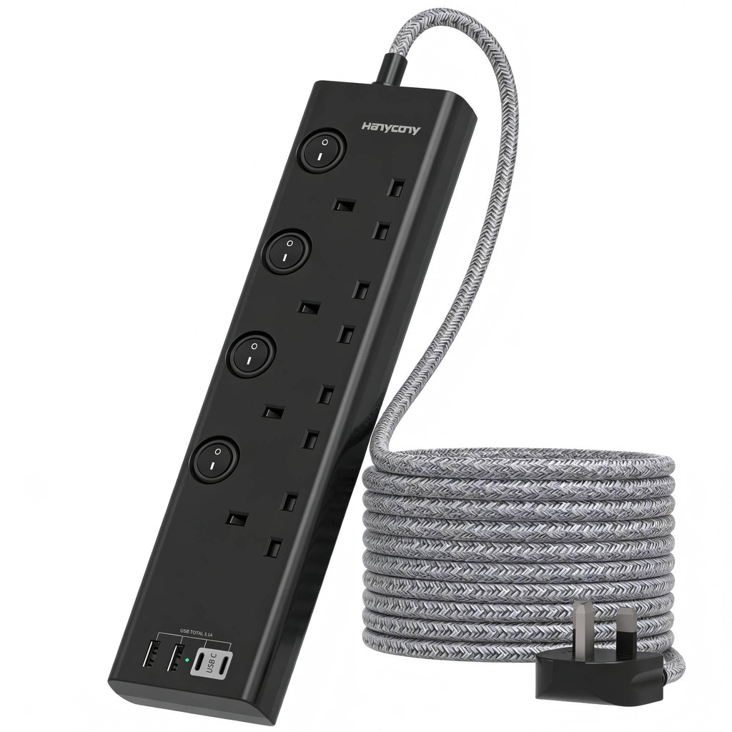 Black Extension Lead with 4 USB Slots(2 USB C), 4 Way Plug Extension Socket