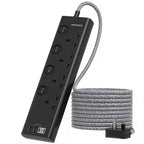 Black Extension Lead with 4 USB Slots(2 USB C), 4 Way Plug Extension Socket