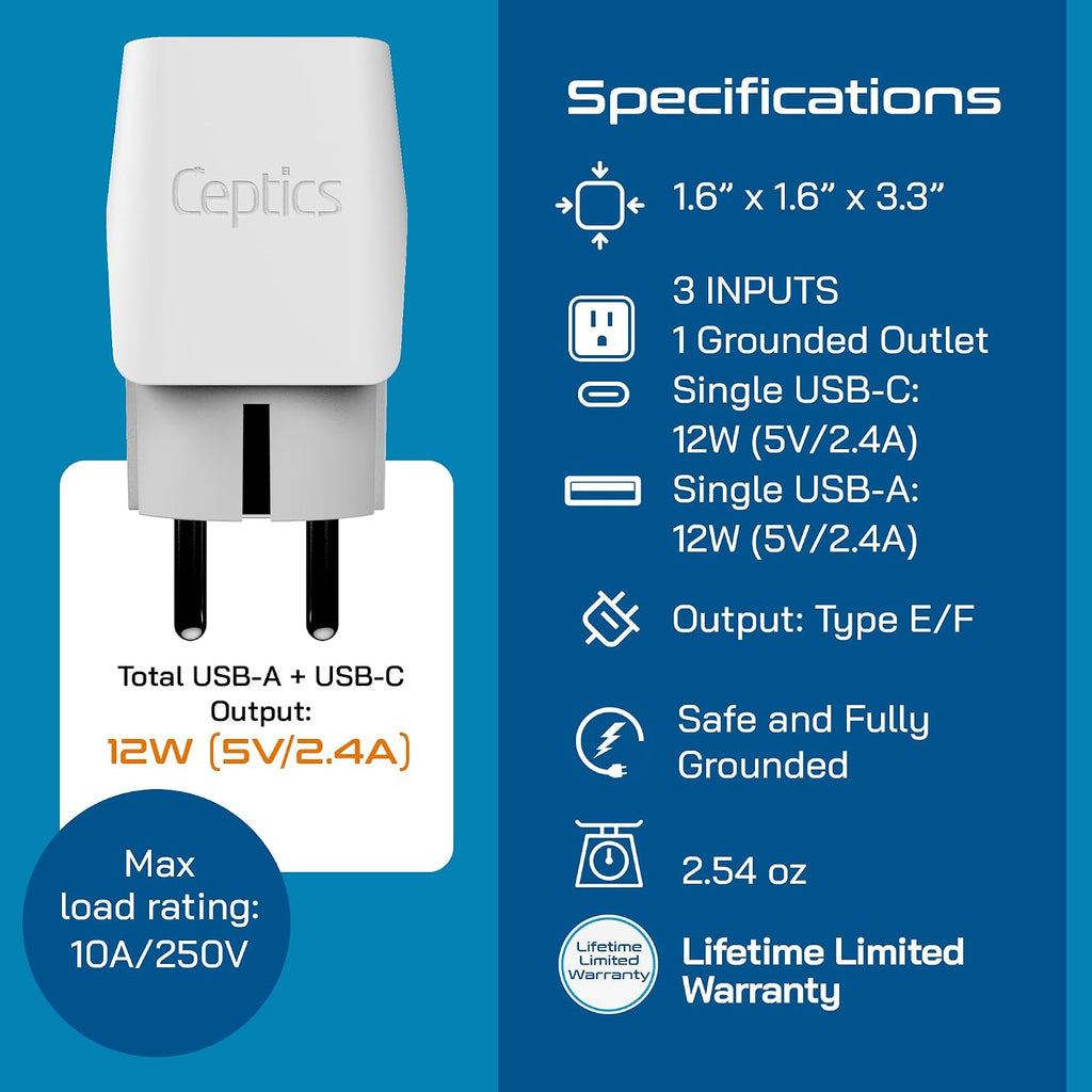 Ceptics 45W Universal Travel Adapter w/ 3 USB-A, 2 USB-C & Universal Input