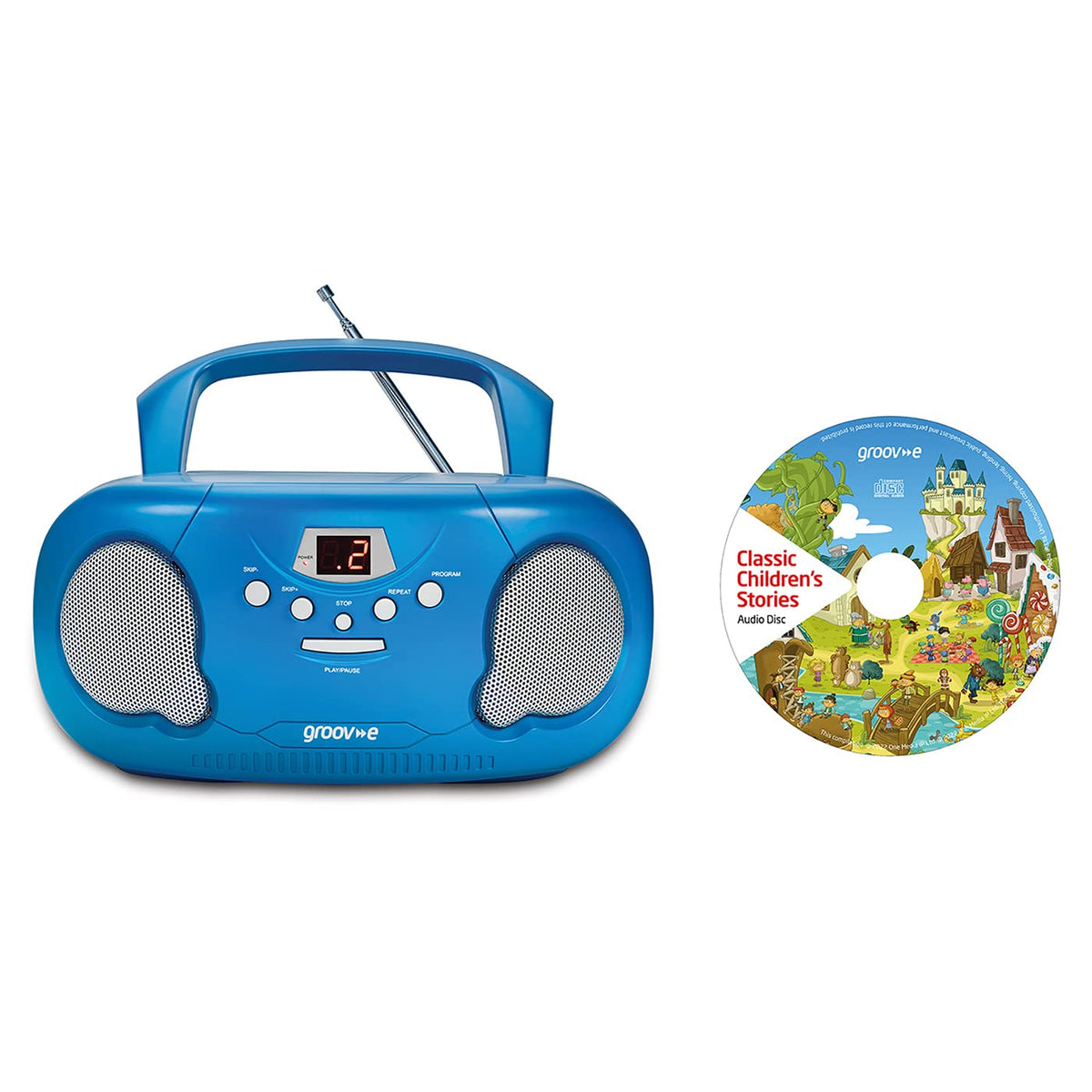 Groov-e Original Boombox - Portable CD Player with Bluetooth, Radio, 3.5mm Aux Port, & Headphone Socket - LED Display, 2 x 1.2W Speakers - Battery or Mains Powered - Blue