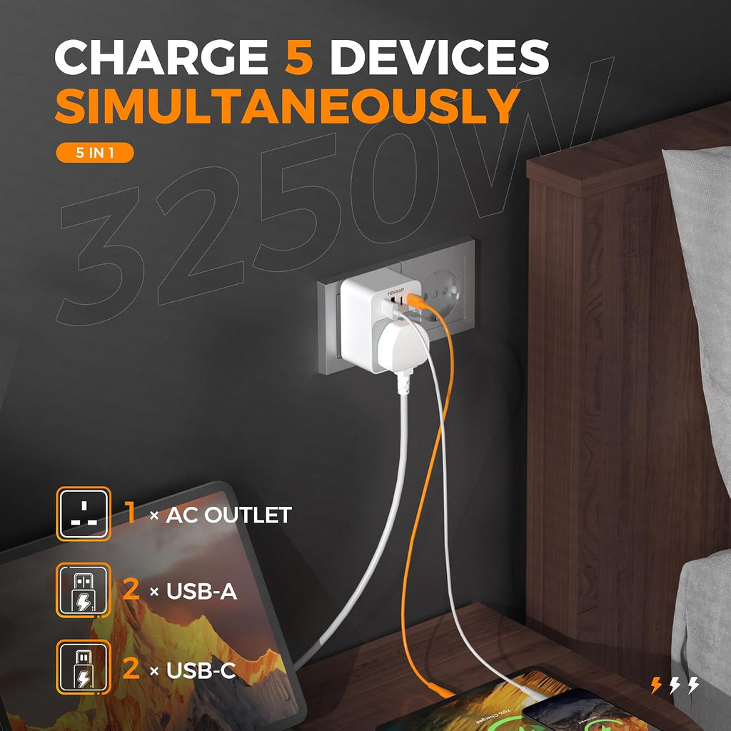 TESSAN UK to European Plug Adapter 2 Pack, EU Travel Plugs with USB C