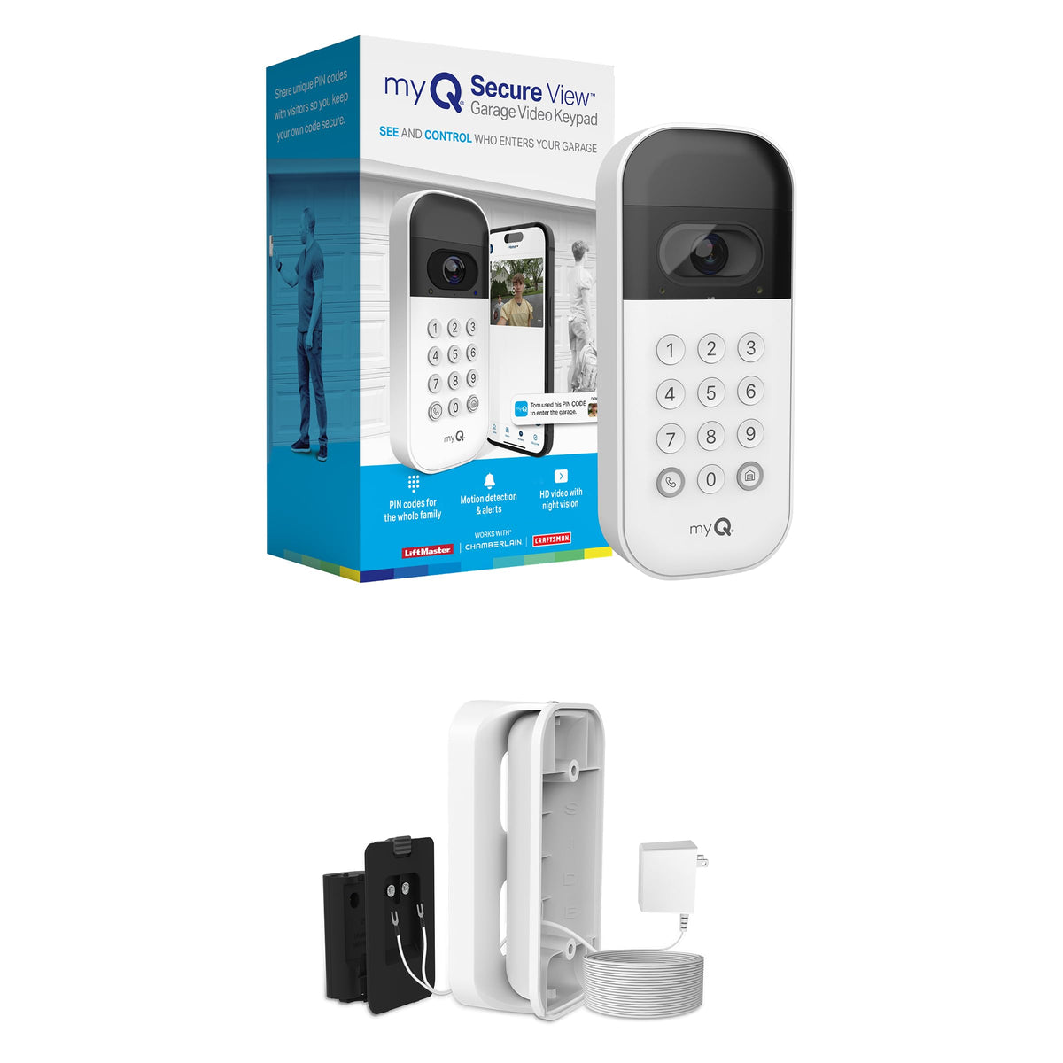 myQ Smart Garage Door Video Keypad with Wide-Angle Camera,Customizable PIN Codes,and Smartphone Control–Take Charge of Your Garage Access Works with Chamberlain, LiftMaster and Craftsman openers,White