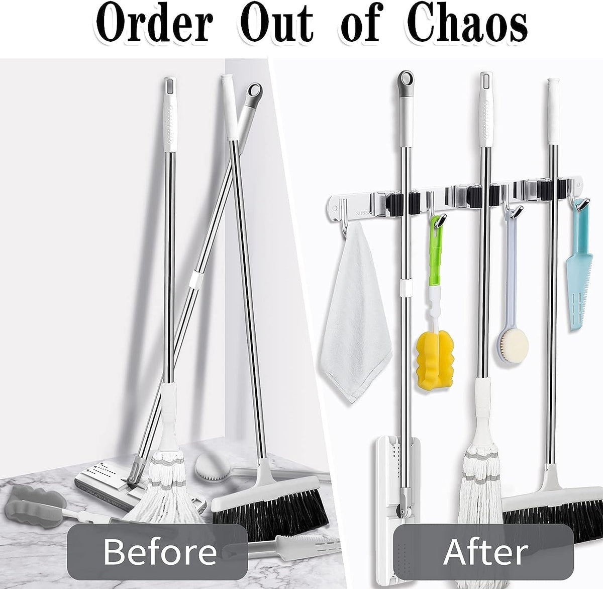 AceMining Broom Holder Wall Mount, 5 Racks 4 Hooks Heavy Duty Mop Organizer
