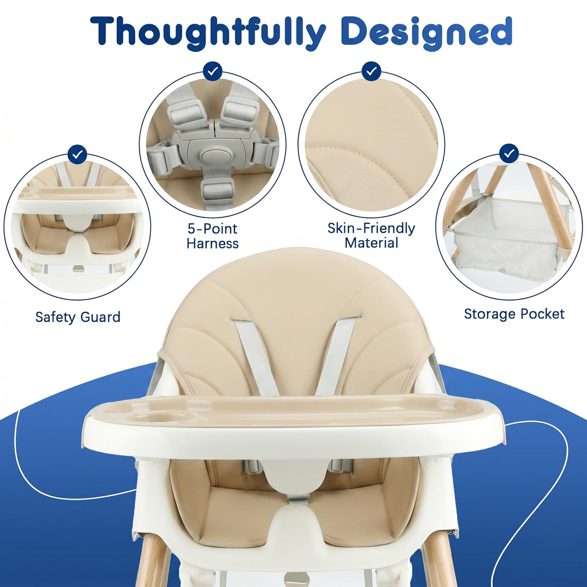 Baby High Chair Foldable Highchair, High Chairs for Babies and Toddlers Adjustable Height & Reclining Seat Detachable Double Tray, Ergonomic Feeding Portable Highchairs for Newborn 6 Months to 5 Years