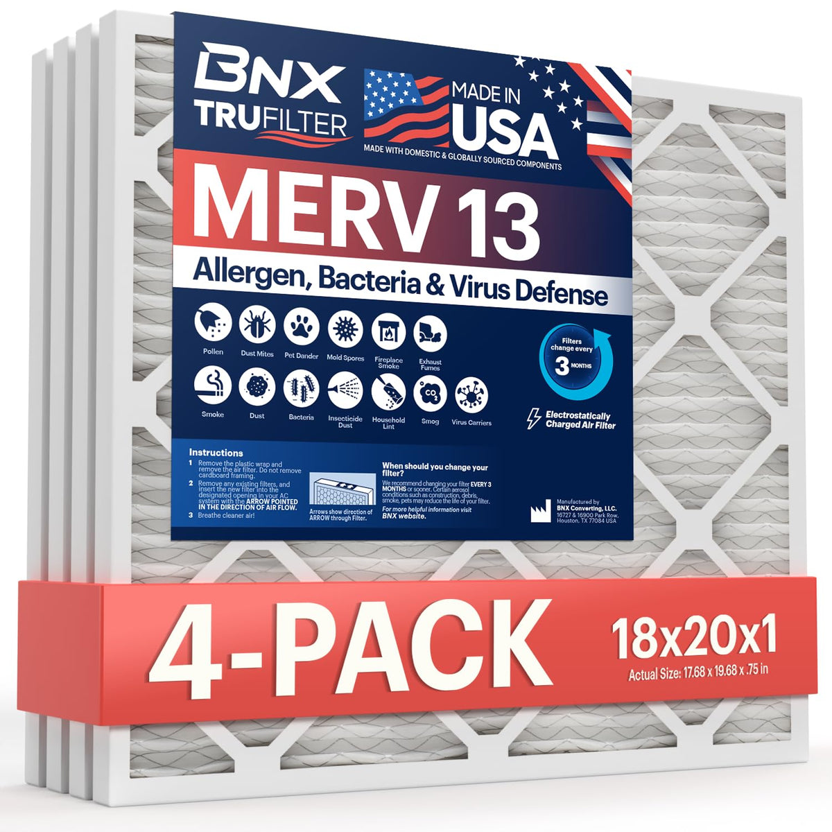 BNX TruFilter 20x20x1 Air Filter MERV 13 Smoke, Allergy, Pet Defense 6-Pack
