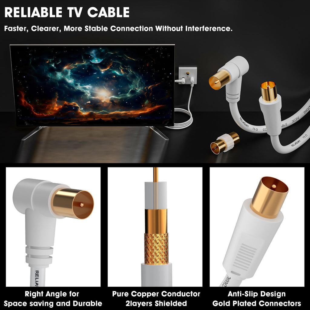 TV Aerial Cable 10m, 75 Ohm Coaxial Lead, IEC 9.5mm Male to Male 3C2V Pure Copper Dual Shielded, Right-Angle Connector, Female to Female Adaptor Included, Black
