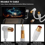 TV Aerial Cable 10m, 75 Ohm Coaxial Lead, IEC 9.5mm Male to Male 3C2V Pure Copper Dual Shielded, Right-Angle Connector, Female to Female Adaptor Included, Black